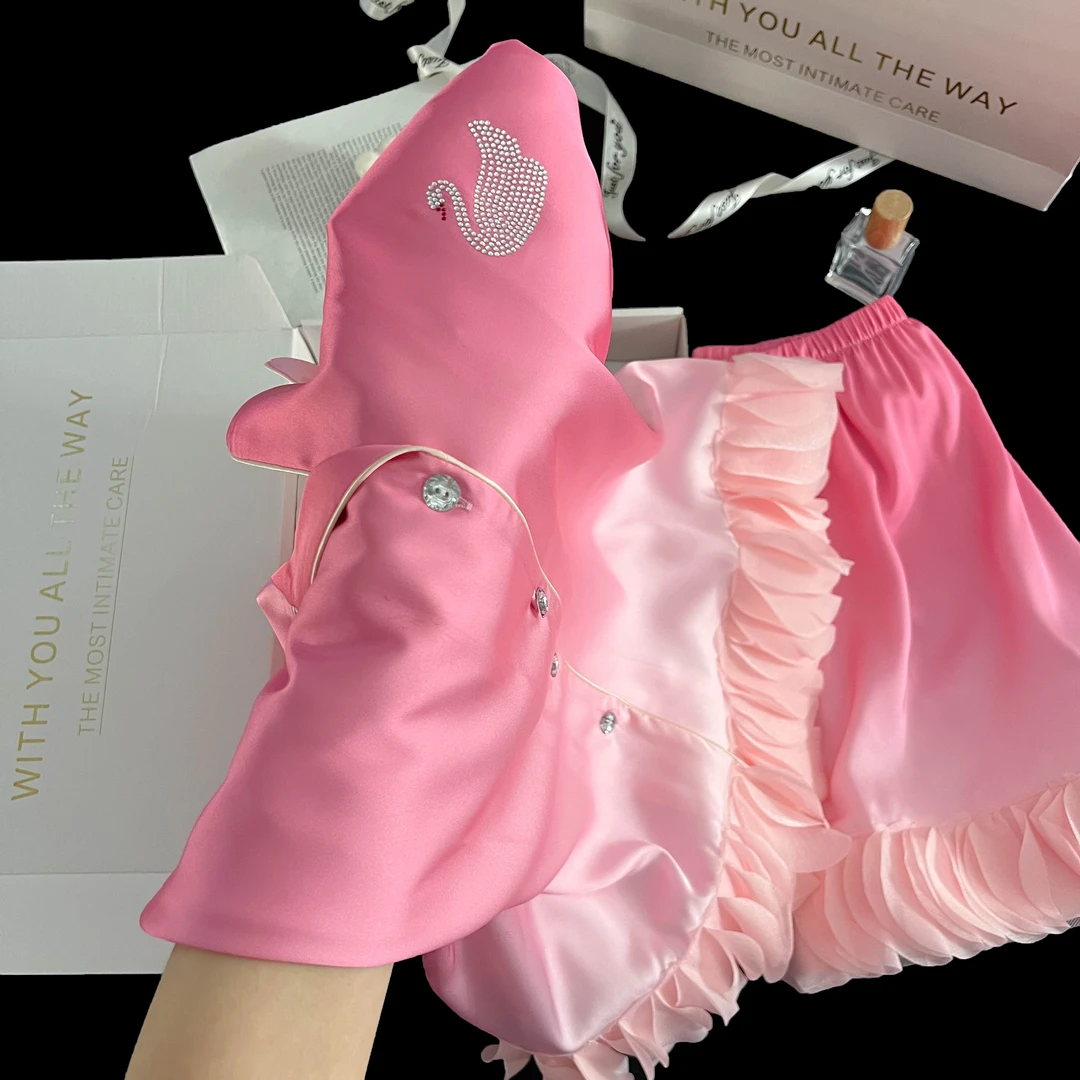 天鹅烫钻睡衣女夏2025短袖新款花边渐变甜美高级感薄款家居服套装