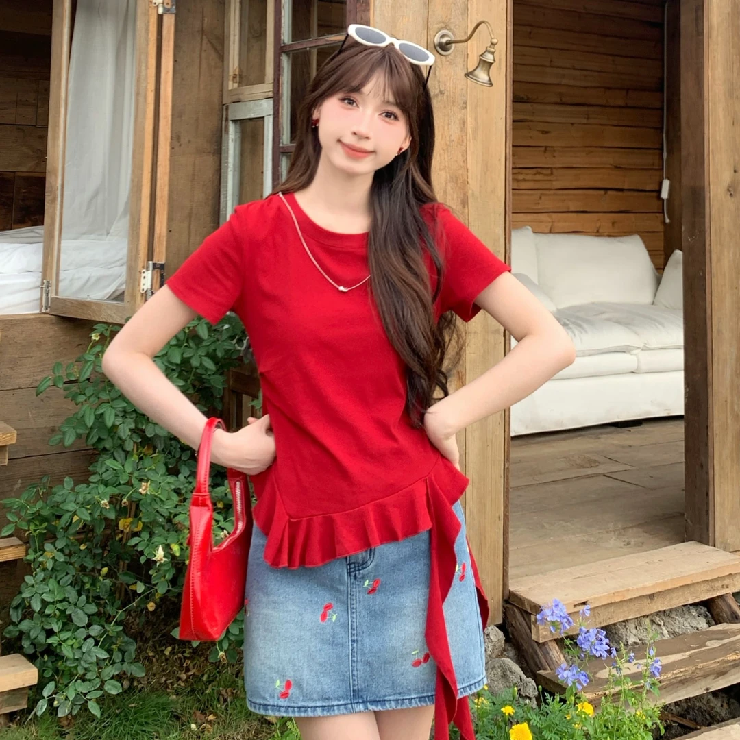 慕兔法式甜美木耳边收腰显瘦T恤女2025夏季新款设计感百搭上衣