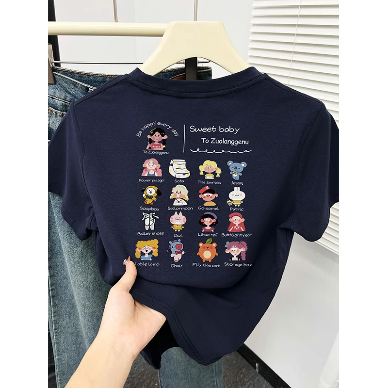 韩系减龄卡通前后印花正肩圆领T恤女夏季新款大码显瘦设计感上衣