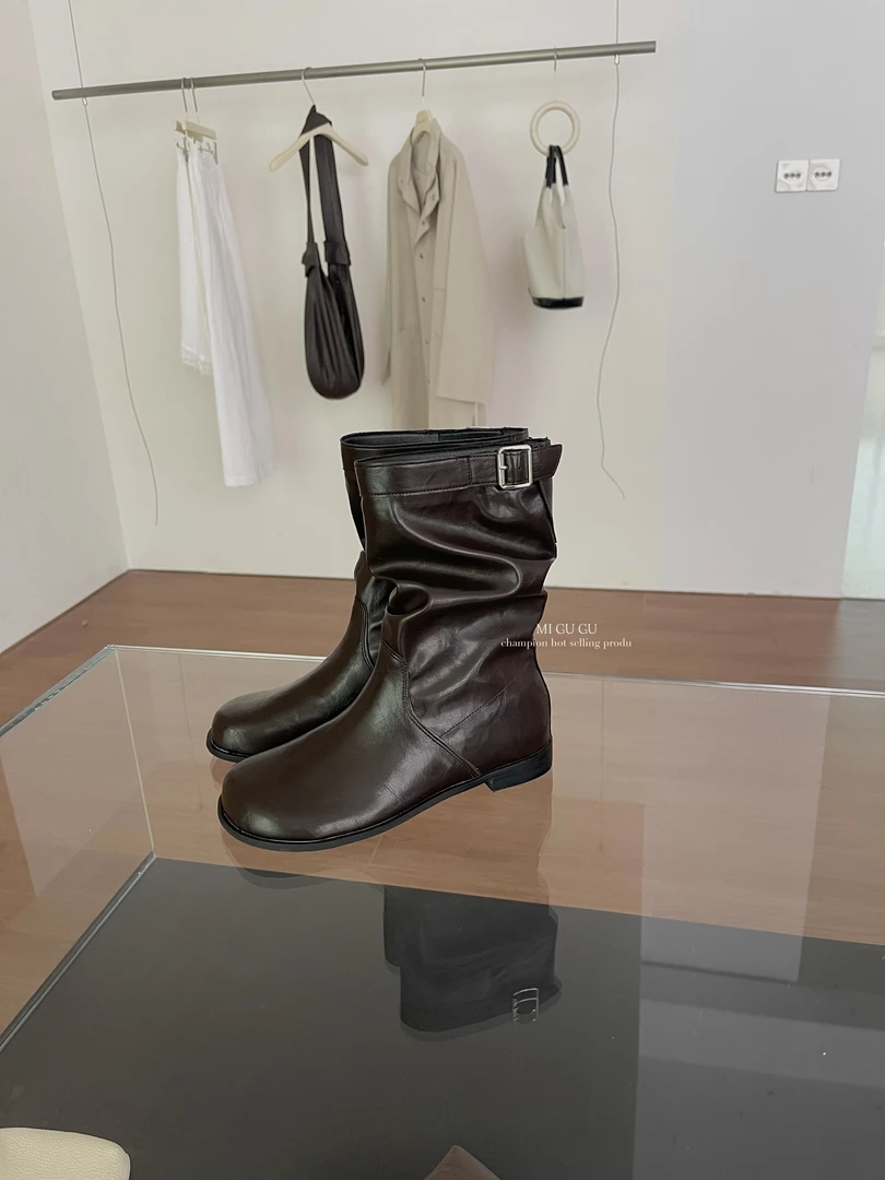 【扣子堆堆靴】复古皮带扣秋冬百搭骑士靴332（福利款）