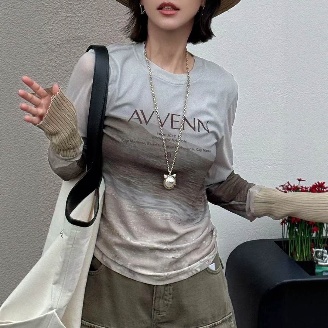 现货【AVV渐变网纱皮肤衣T恤】2025秋贴敷透气抽褶弹力网纱圆领女