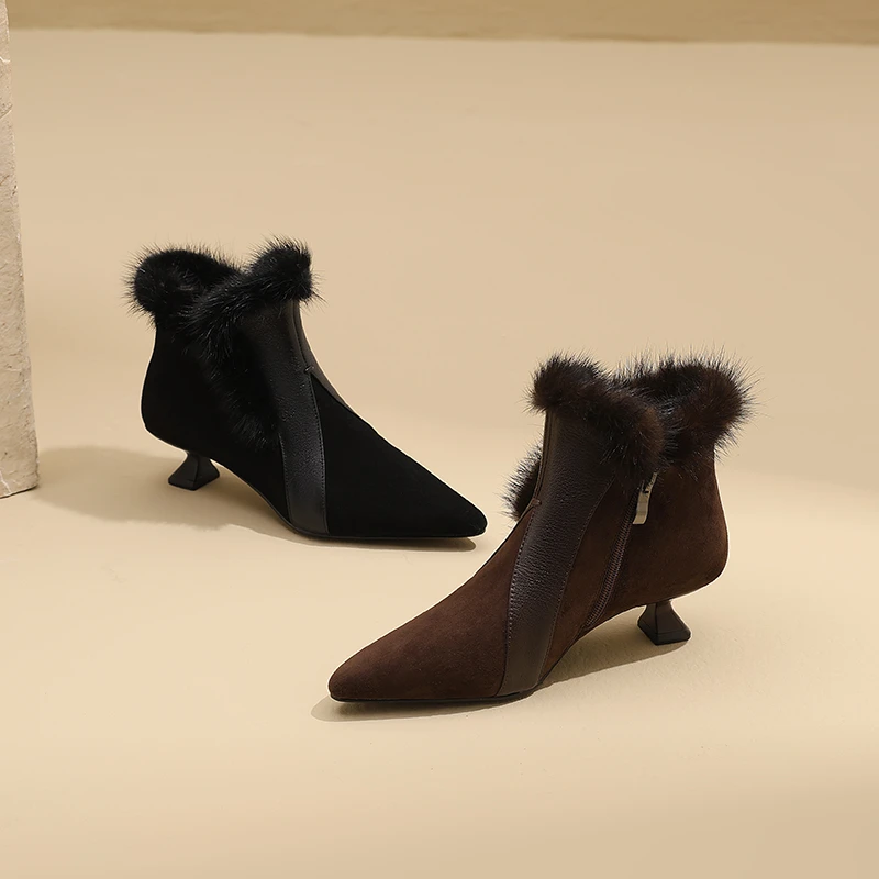 AMEINOR2025秋冬季新款尖头棕色绒面时尚百搭女鞋0249