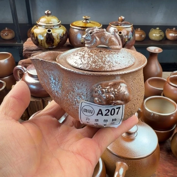 建水紫陶白泥柴烧手抓壶