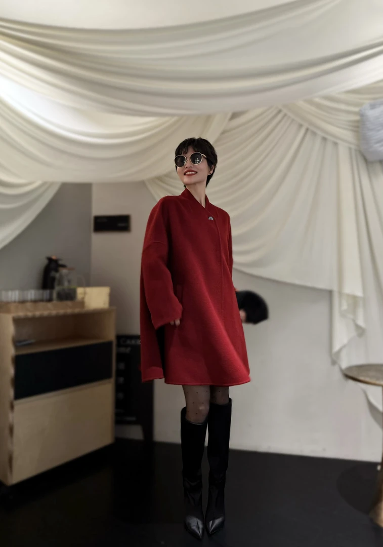 [青沁]2025早秋新款焕新女装手工缝制斗篷羊毛大衣气质大牌中长款