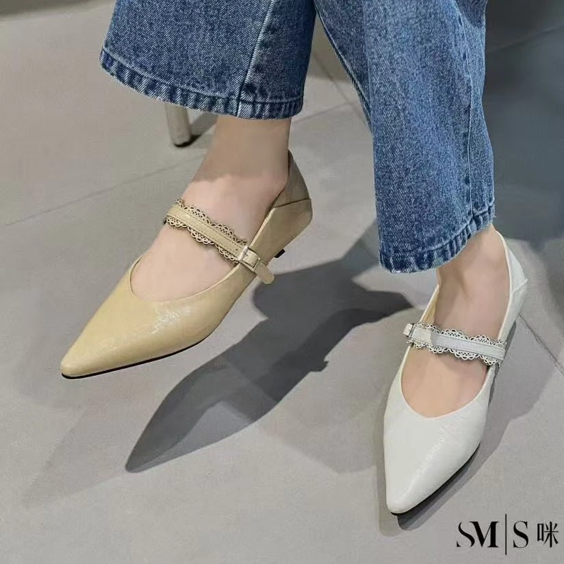 羊油皮！广州高货六家最新款真皮优雅风尖头花边百搭通勤工装单鞋