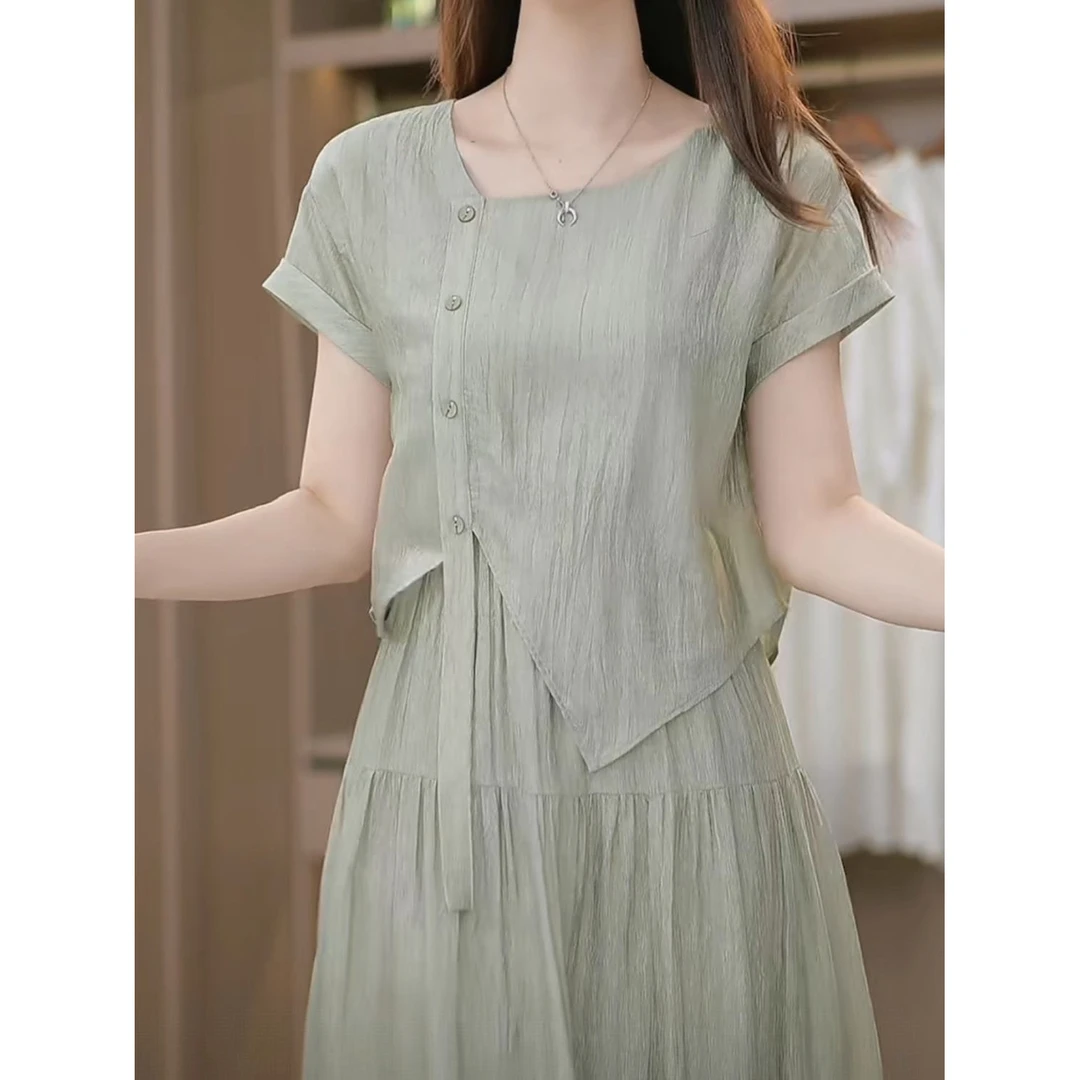 高档醋酸面料时尚套装礼服裙2025夏季新款不规则上衣裙子俩件套女