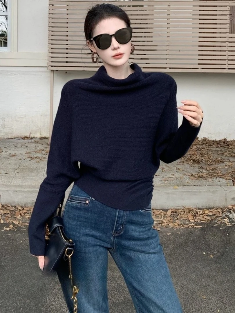 早秋巨好看轻熟上衣巨好看设计感洋气时髦轻奢高端藏蓝色针织衫女
