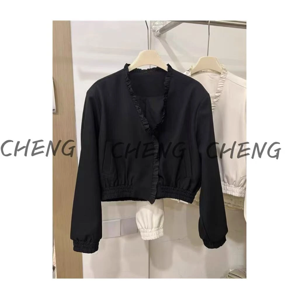 【CB-J-外套】欧洲站时尚开褶皱木耳边圆领拉链夹克短外套女上衣