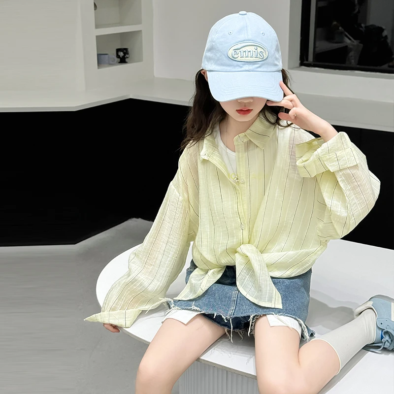 女童防晒衣套装夏季2025新款儿童薄款透气网红夏装大童蝴蝶结衬衫