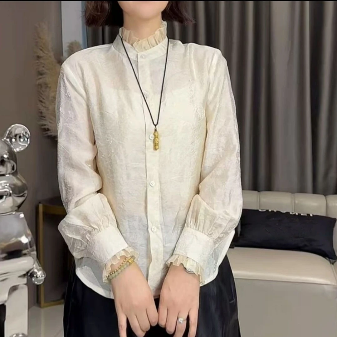 法式褶皱纹理花边领长袖衬衫女秋宽松百搭显瘦衬衣小衫小资小上衣