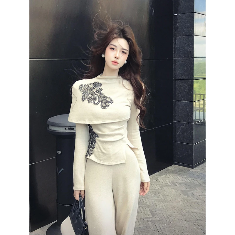MARIE.COCO温柔风气质刺绣蕾丝长袖上衣女秋季新款阔腿休闲裤套装