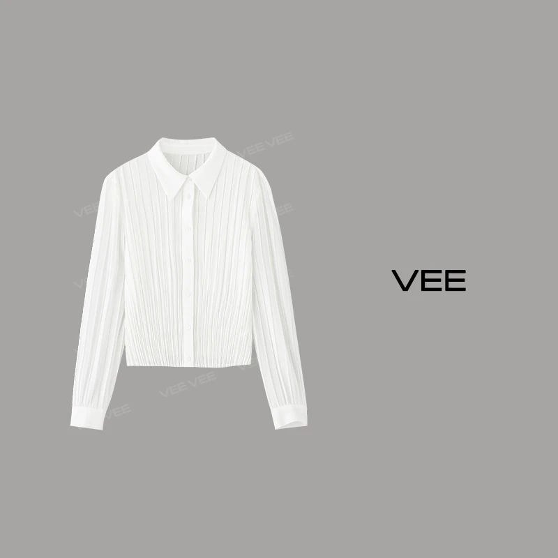VEE【晴空】新款春季时尚休闲百搭设计感压褶长袖衬衫衬衣女