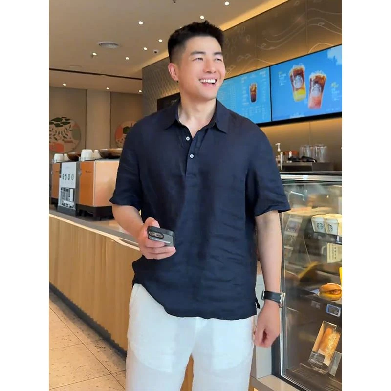藏青色亚麻短袖POLO衫男夏季高端休闲衬衫式T恤轻薄透气半袖上衣