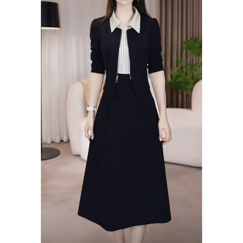 L5591假两件法式时尚连衣裙2025秋季新款长袖洋气显瘦气质裙子