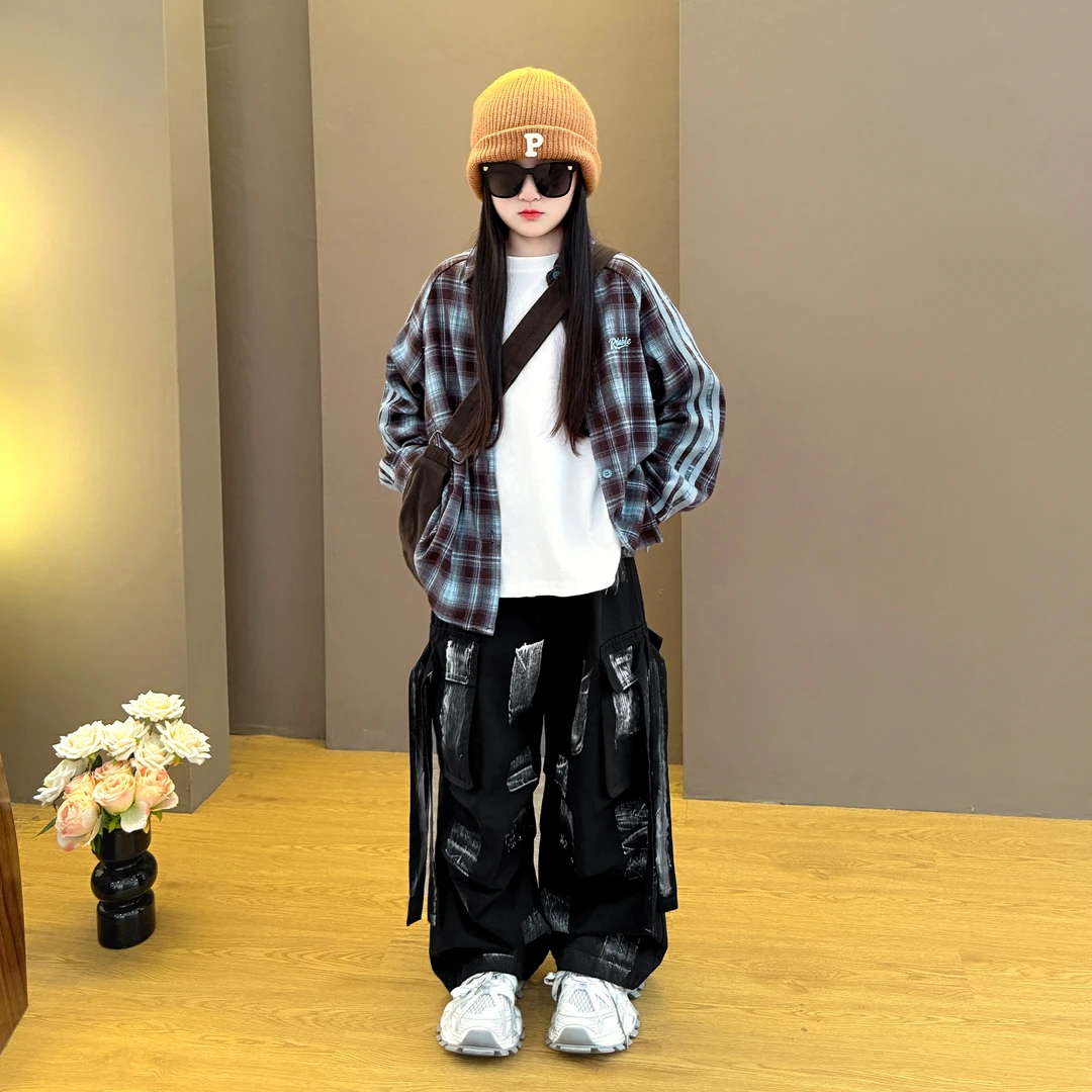 女童2025新款中大童韩版时尚休闲百搭衬衫宽松阔腿飘带工装裤套装