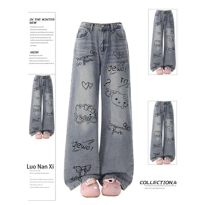 特大码美式卡通印花牛仔裤女秋季新款胖mm宽松显瘦梨型身材阔腿裤