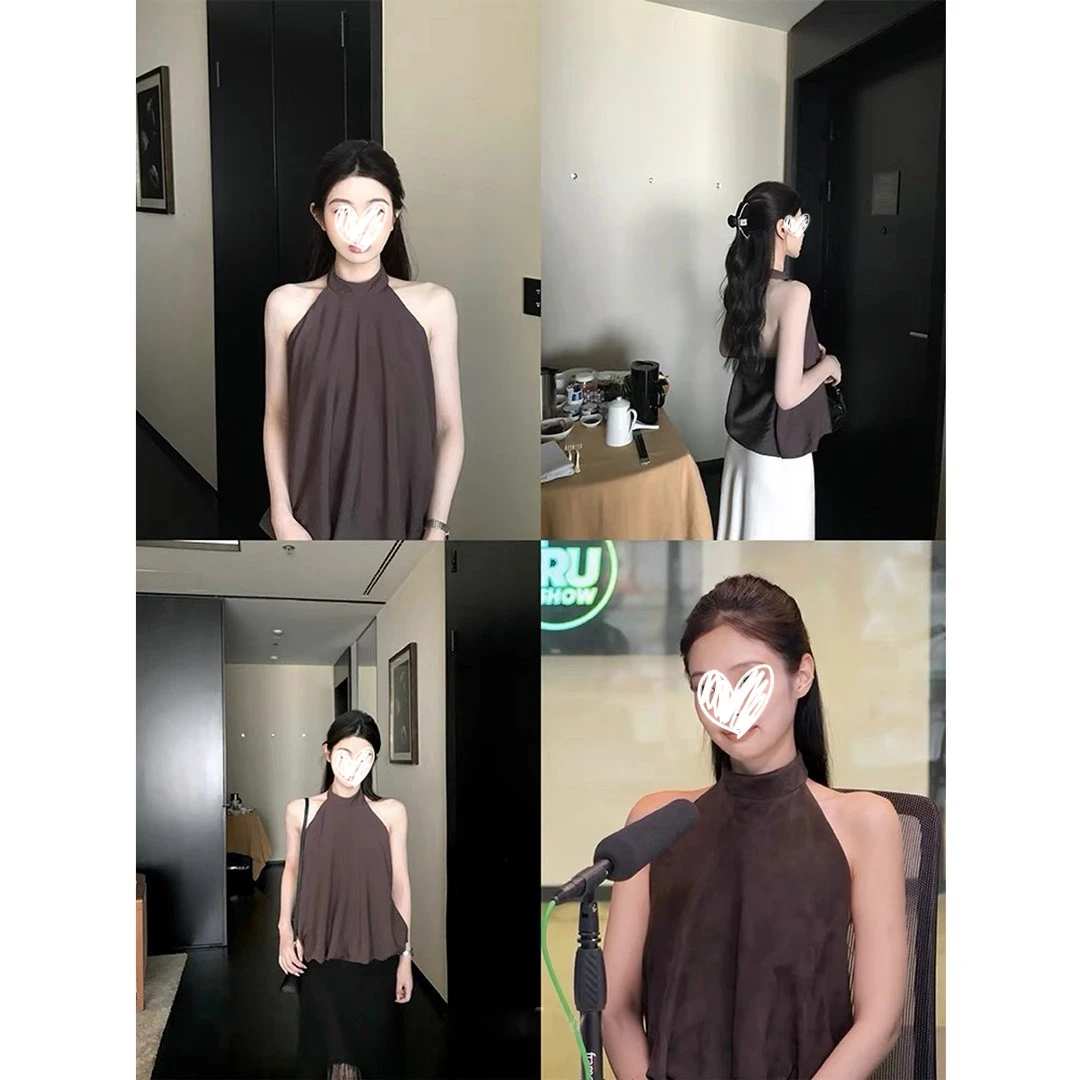 艺等法式云朵感花苞摆挖肩挂脖吊带背心气质修身显瘦百搭甜美上衣