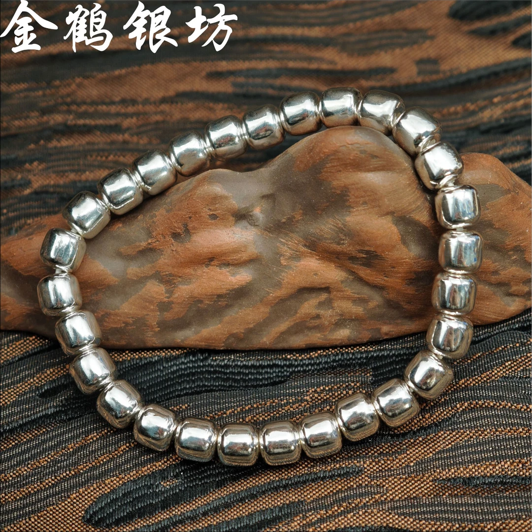 足银银制品 足银999老形珠手串手工时尚百搭复古古法珠珠光面素款