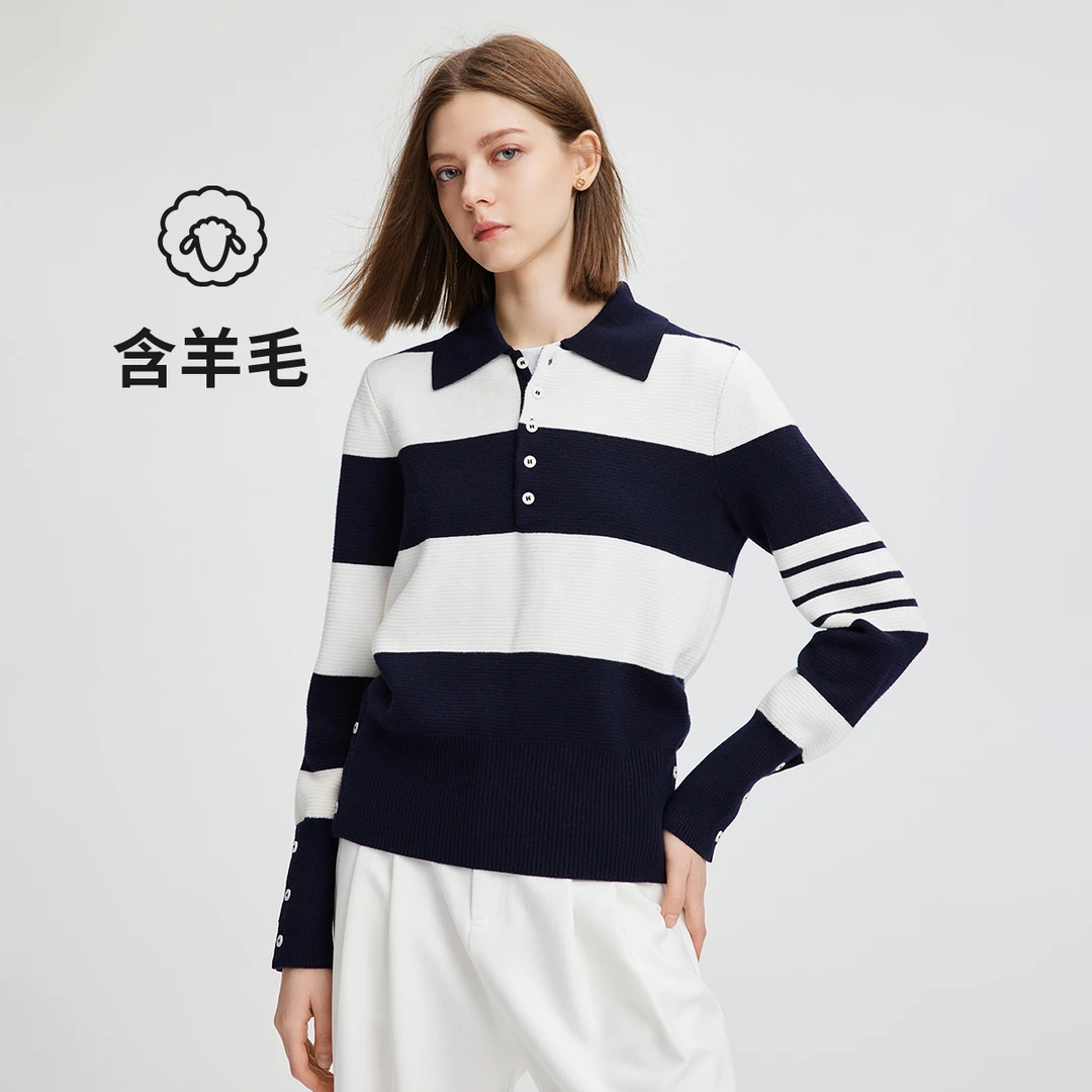 navigare意大利小帆船春秋女士时尚条纹翻领针织衫百搭套头上衣