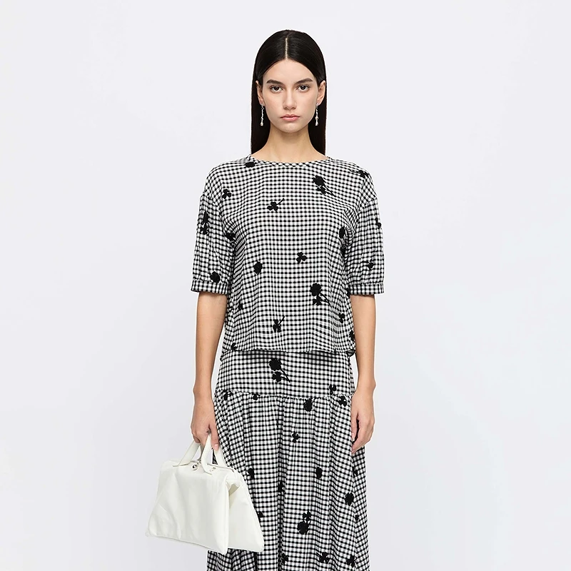 【粉丝专享】圣迪奥时尚夏季黑色宽松印花设计师圆领上衣S252Z3214