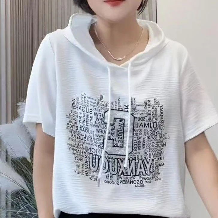 2025夏季新款连帽短袖T恤时尚休闲纯的字母印花上衣宽松百搭打底