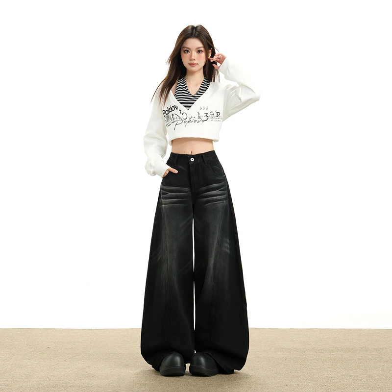 华利尔斯黑色高腰弯刀牛仔裤女年春季新款拼接设计感宽松显瘦阔腿