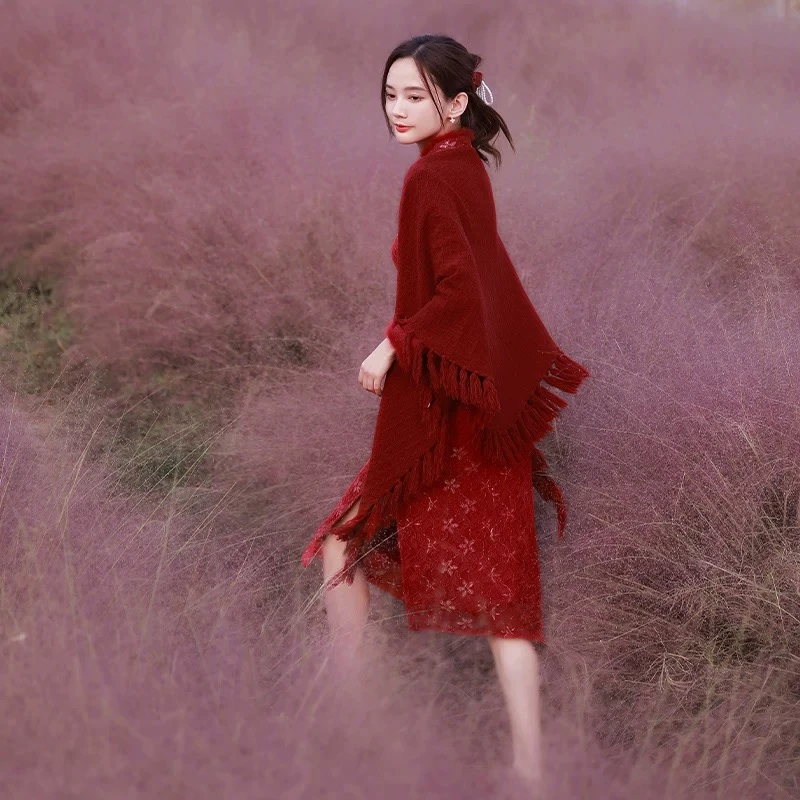 特价！秋冬蕾丝红色改良旗袍加绒加厚年轻拜年服结婚订婚礼服新娘