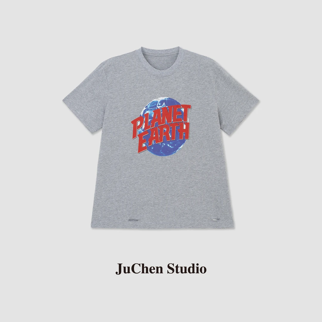 “未来蓝图”美式水洗手工破坏感地球字母印花短袖SS22374XP-16