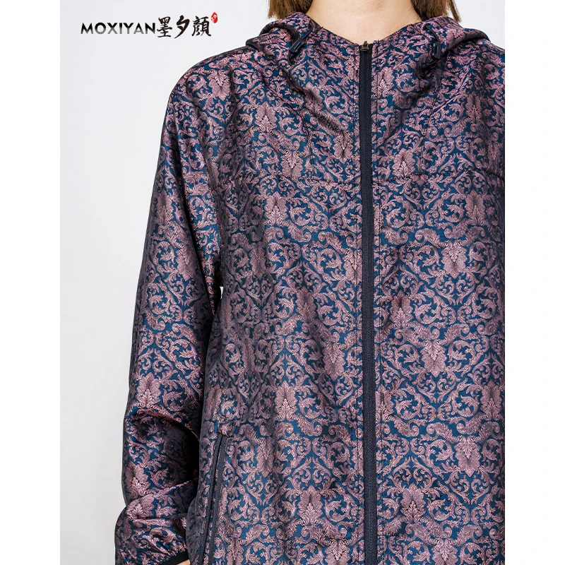 【墨夕颜】2024春季新款休闲连帽  紫色缠枝花宋锦冲锋衣-LC-182