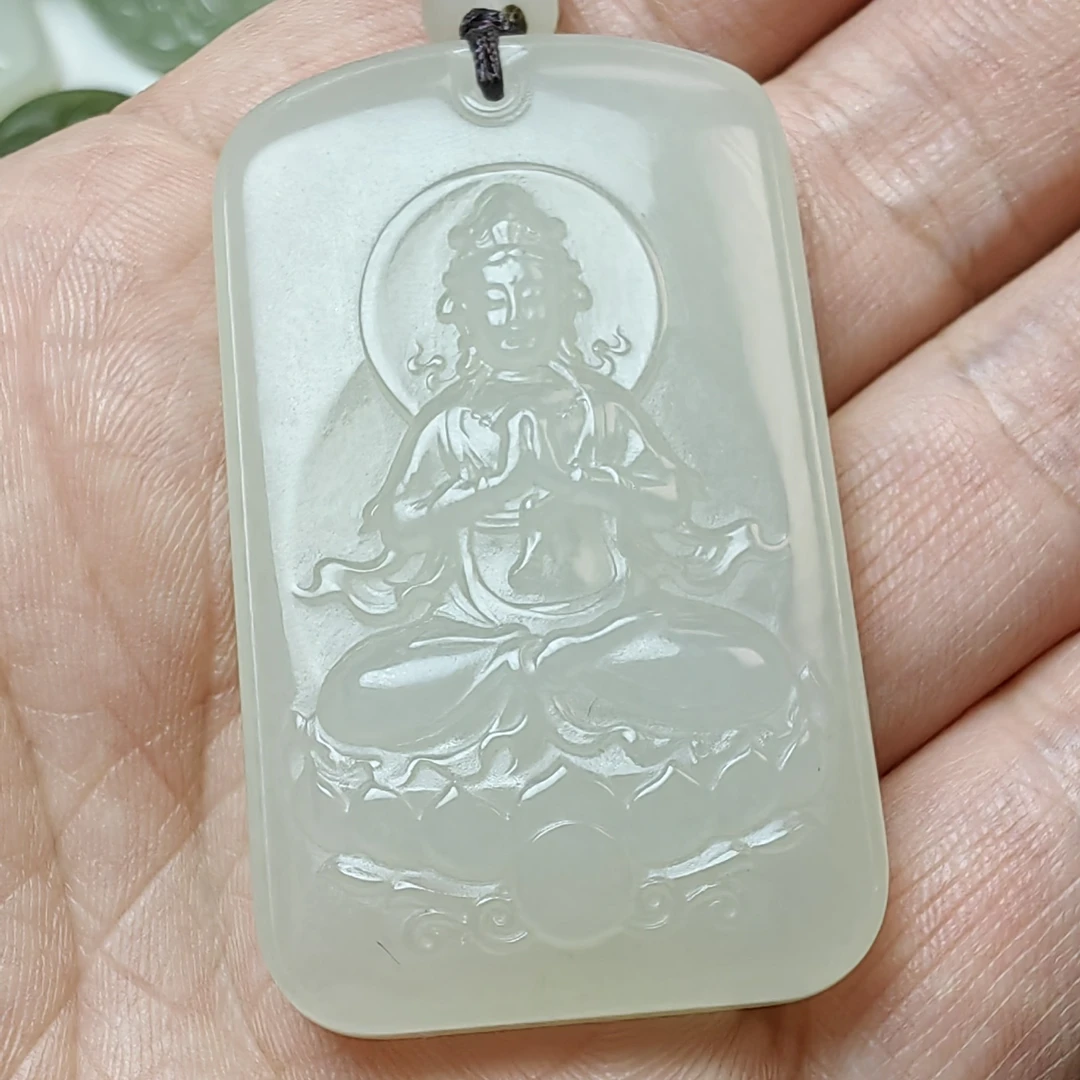 天然和田玉观音双面雕刻挂件吊坠精美