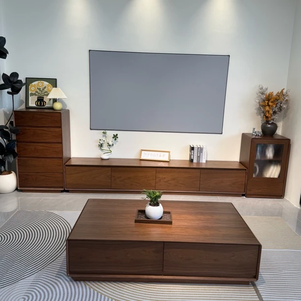 北美黑胡桃色电视柜客厅柜茶几组合中古风复古实木家具风