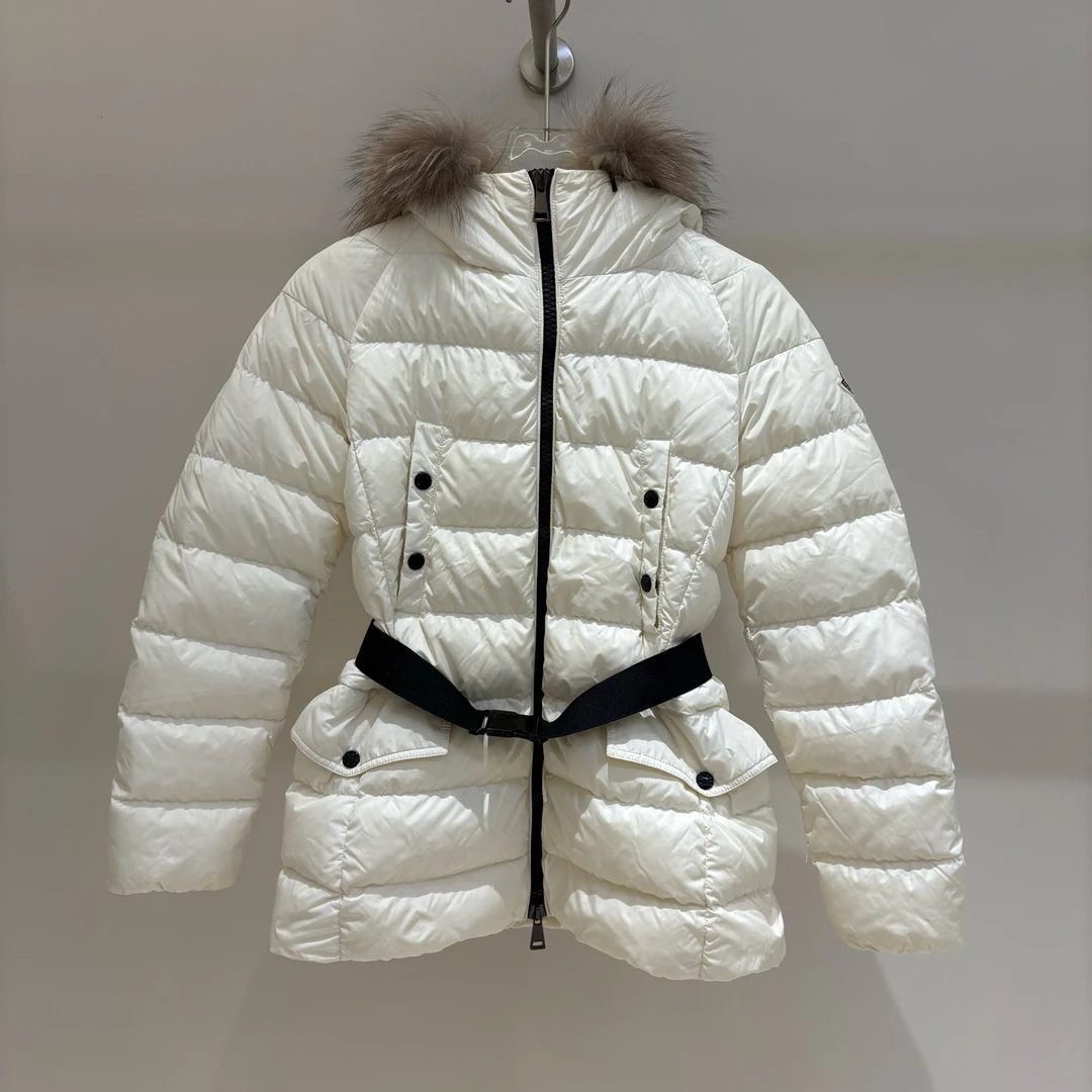 99新 MONCLER MO2204 Clion白色徽标腰带毛领羽绒服 2码 原价1w8