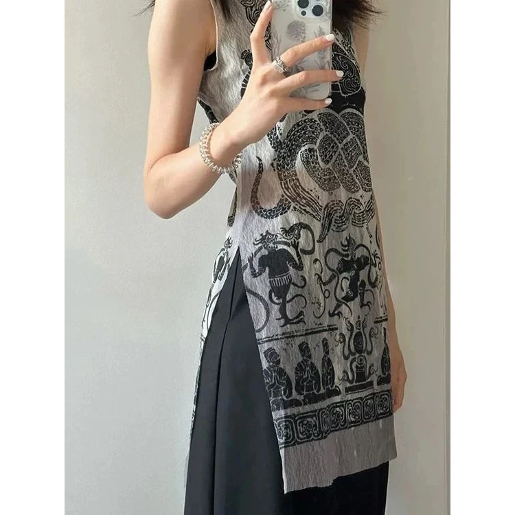 美貌色系！太好看了！新中式轻薄开叉背心女修身显瘦半高领百搭上衣