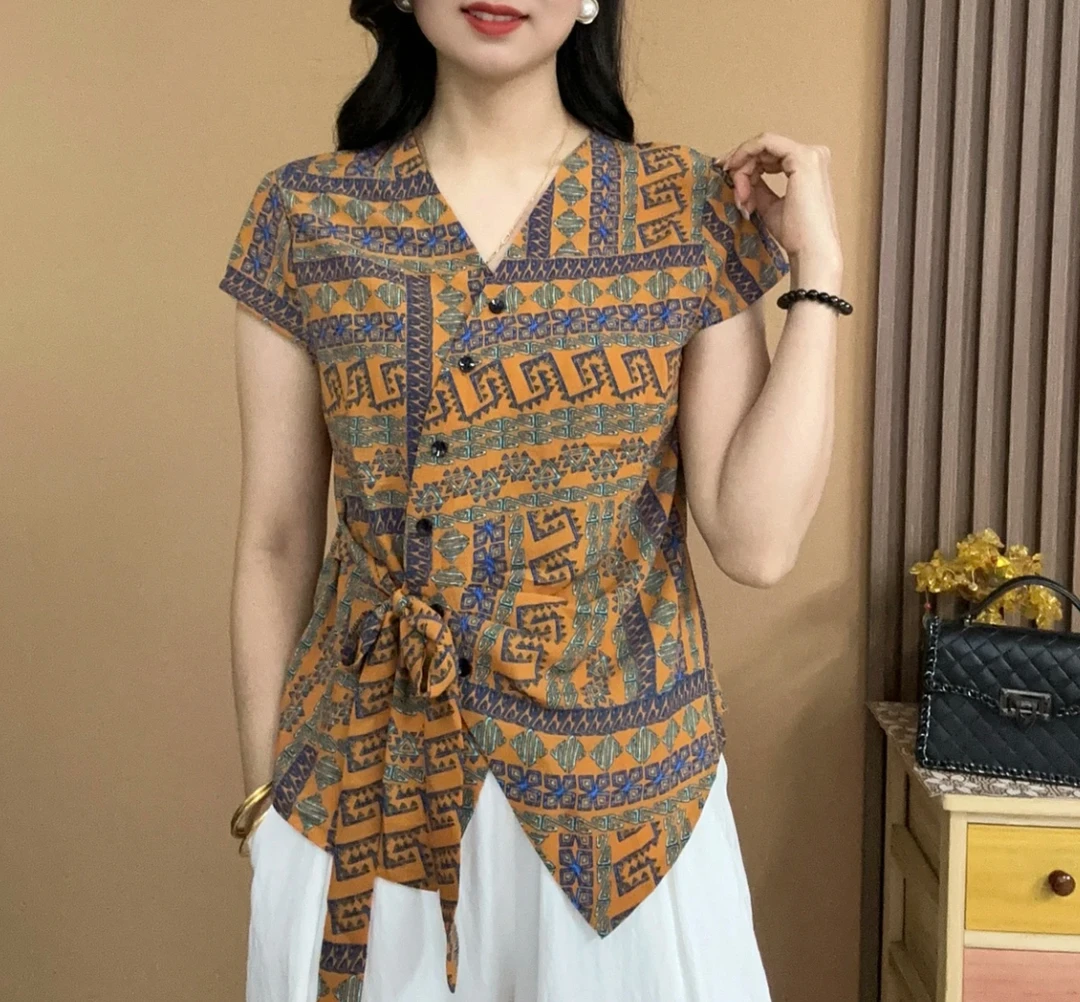 夏季新款洋气显瘦不规则系带短袖薄款时尚百搭V领开衫扣上衣女