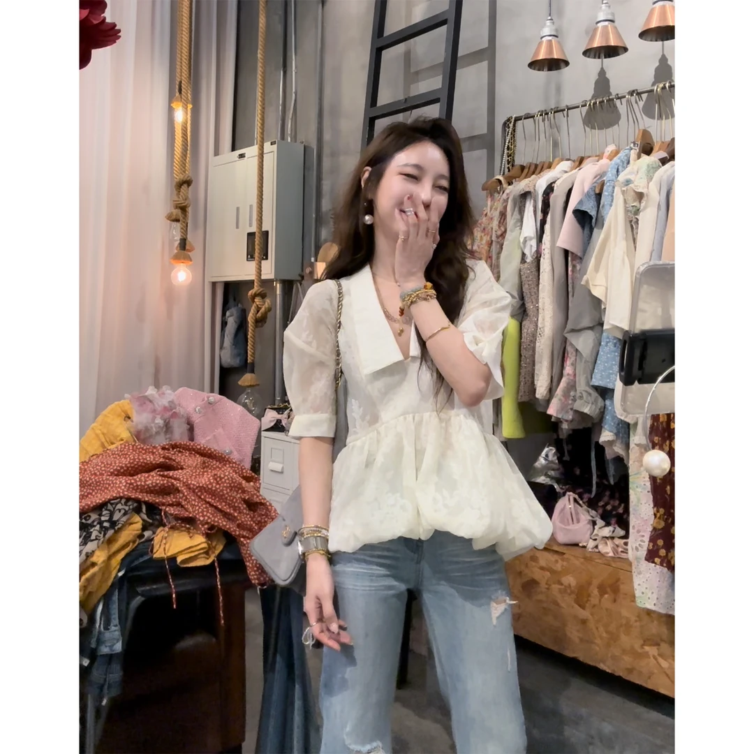 S50418677素拉那里定制别致设计微透肌理感花朵不规则云朵衬衫棉