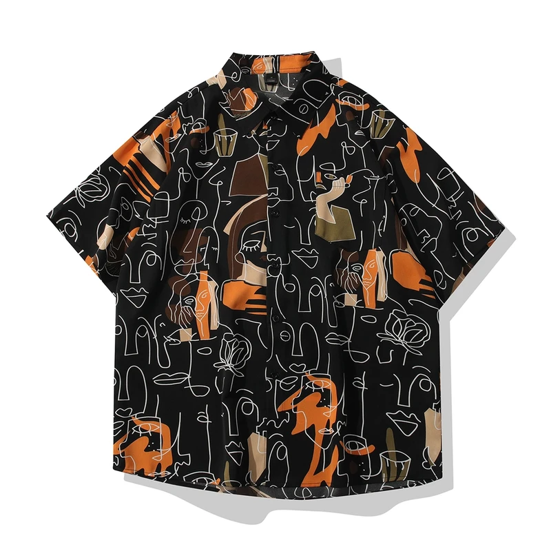 复古宽松衬衫卡通线条印花设计感短袖男夏季休闲沙滩休闲五分袖