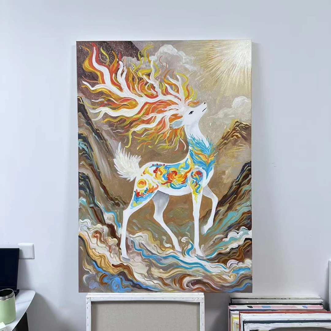 敦煌风一鹿招财中式沙发背景墙卧室床头艺术挂画