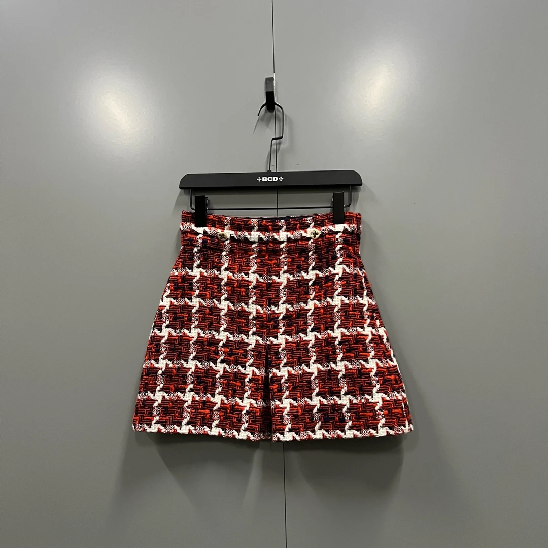 99新 GUCCI/古驰 zd3 白红编织格纹短裙 40码 42码fg208374