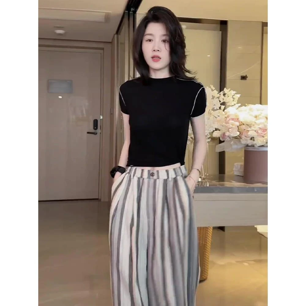 简约纯色时尚紧身显瘦T恤条纹阔腿裤2025夏季新款休闲舒适两件套