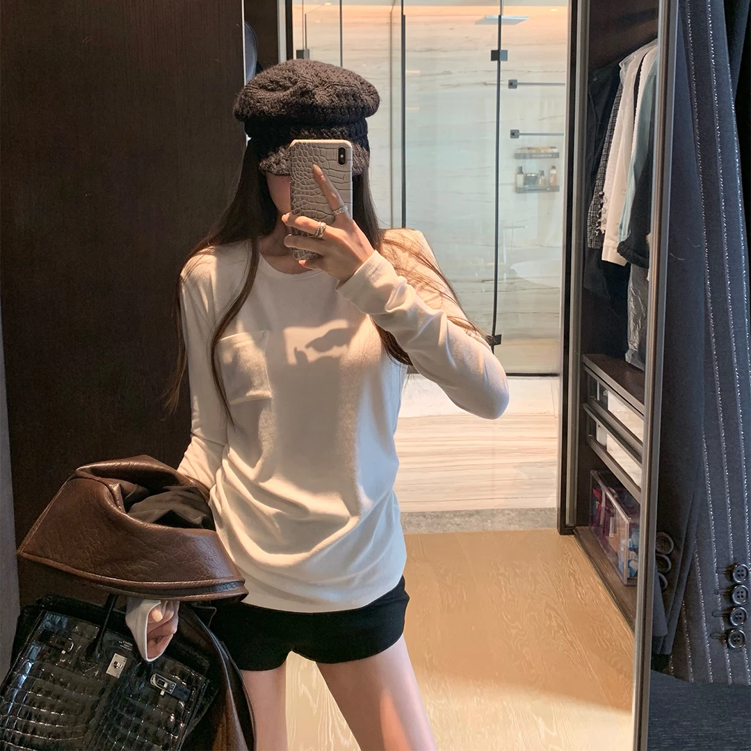 松弛感软糯显瘦实穿白色正肩长袖恤女春秋基础内搭冬季中长款上衣