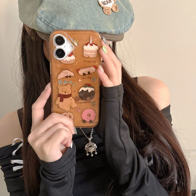 复古棕可爱蛋糕面包小熊适用iphone16Promax苹果15手机壳14双层13