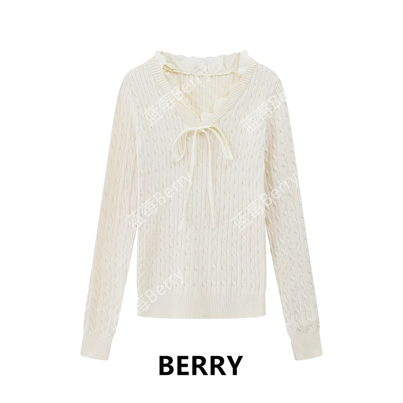 【蓝莓Berry】秋季气质拼接撞色蝴蝶结设计感毛衣女针织衫上衣