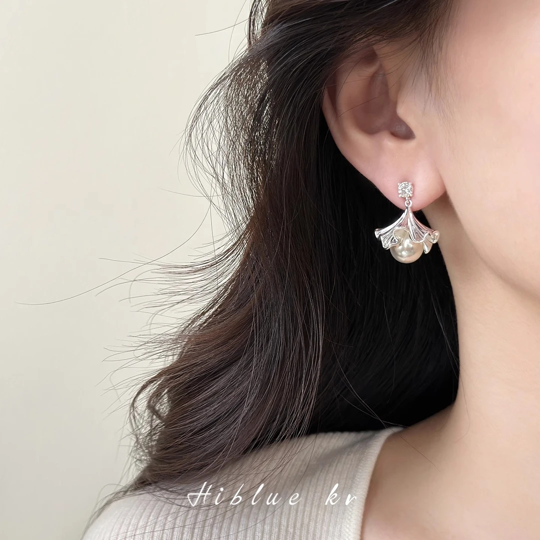 铜合金耳饰 扇形银杏叶流苏珍珠耳环女夏天耳坠2025新款高级耳饰