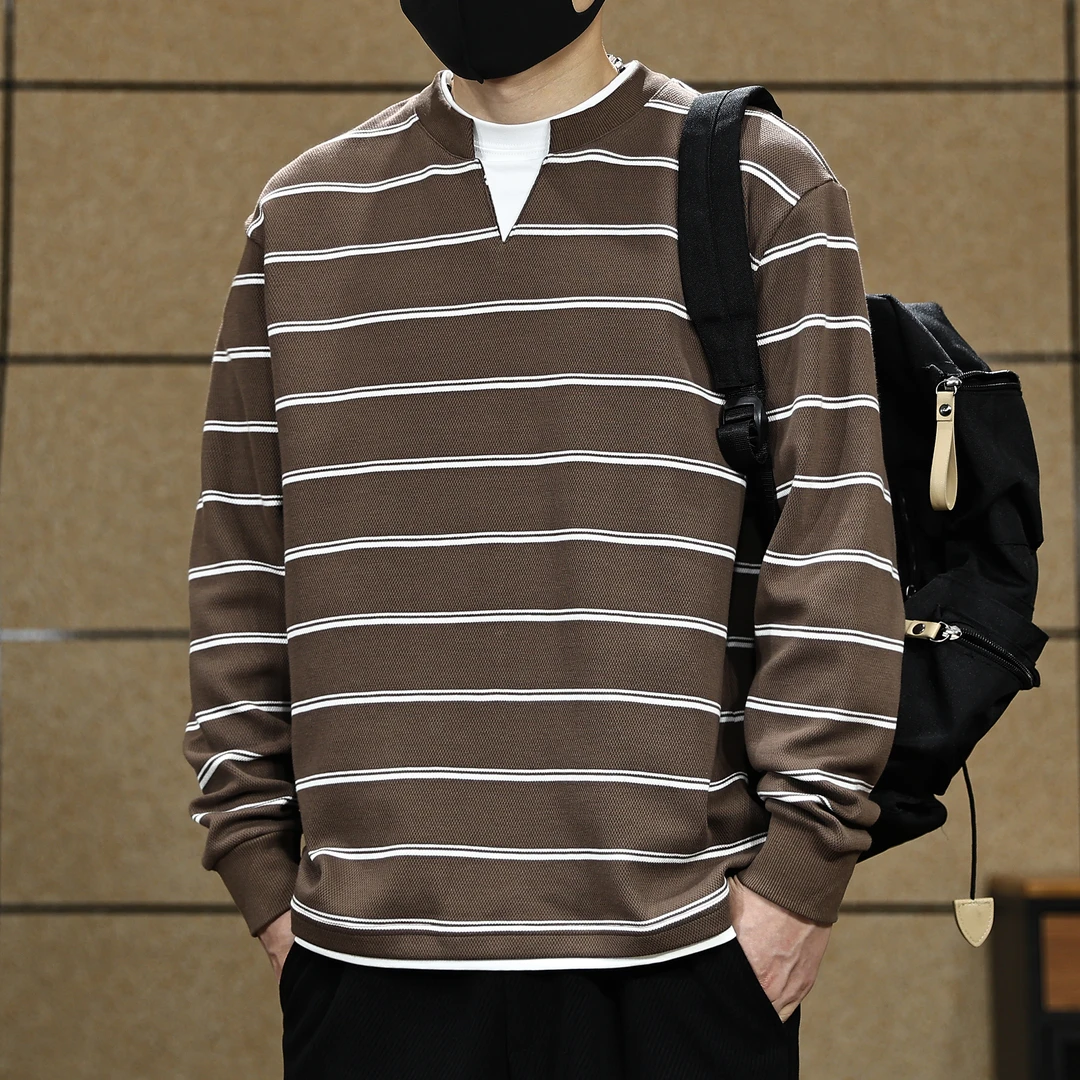 美式复古假两件条纹卫衣男2026秋季新款宽松圆领上衣春秋打底衫潮