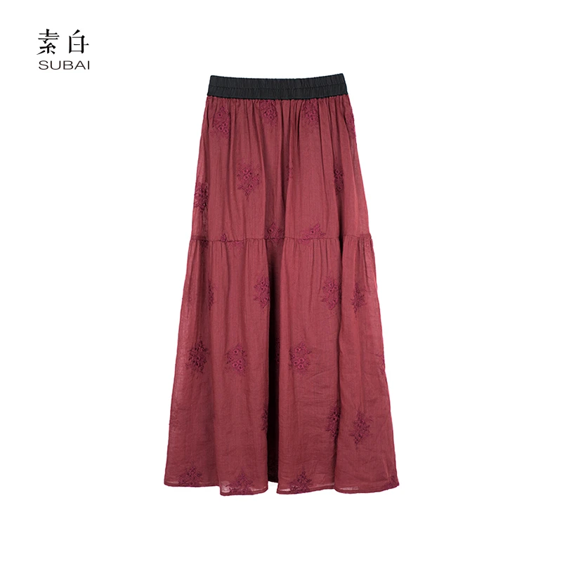 素白【向往】红色苎麻立体刺绣春夏垂坠感a字半身裙SB2412CP00841