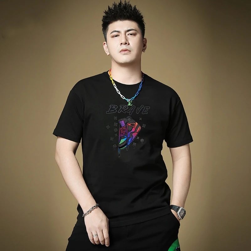 2025新款时尚男装圆领t恤夏季轻奢休闲烫钻男士潮牌微宽松短袖t恤