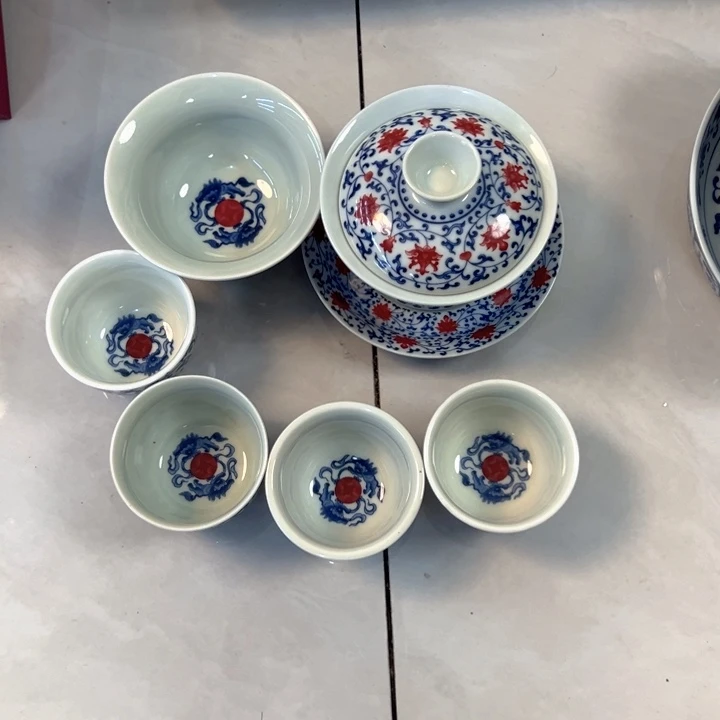 瓷片白青花釉里红缠枝莲莲六件套