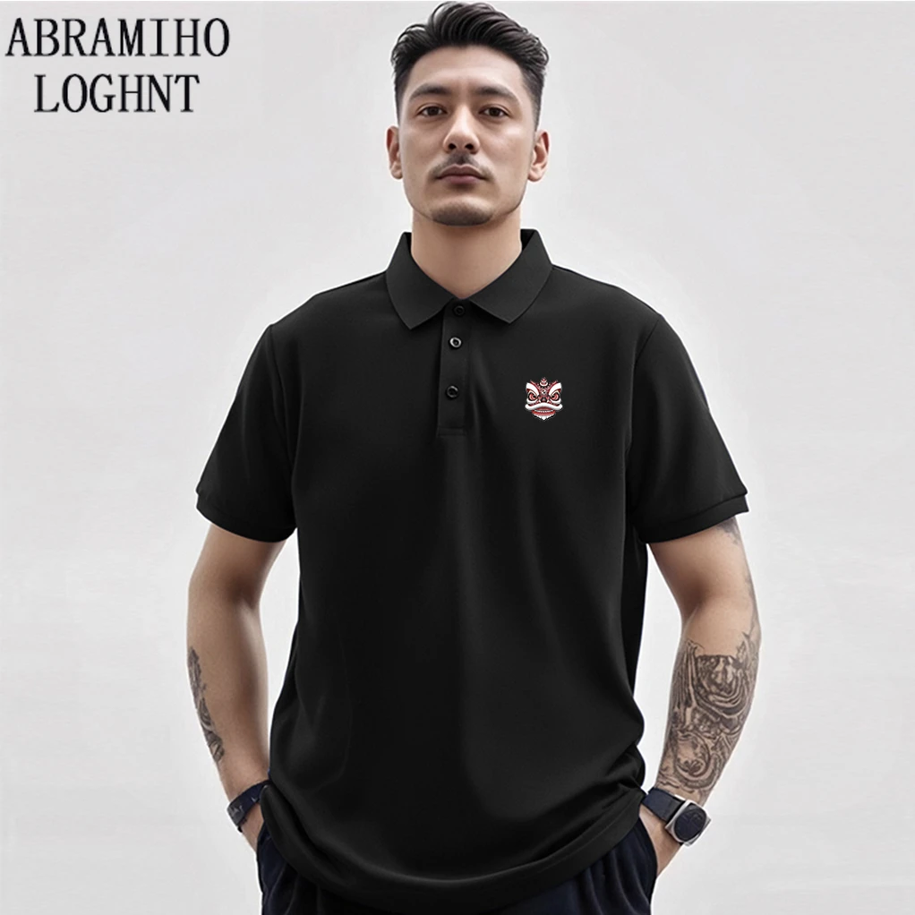 高级感男装休闲国潮好运粉狮子翻领POLO夏季透气简约商务t恤时尚