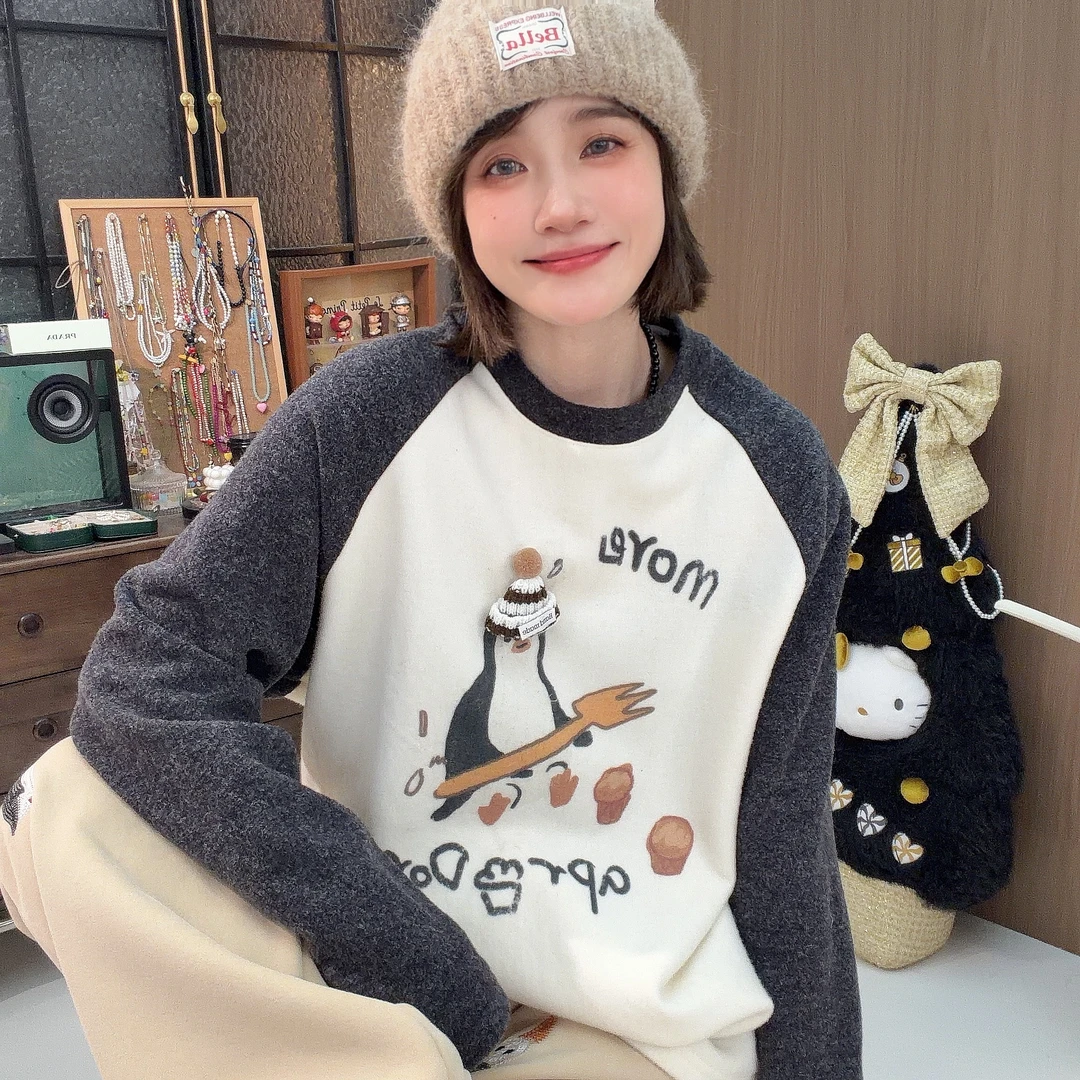 Apr.【企鹅掌勺】冬季加厚保暖双面绒插肩袖数码印花圆领卫衣DOR021