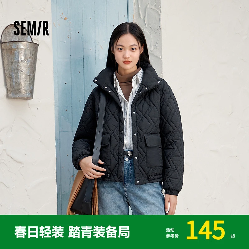 森马棉服女立领宽松外套女士慵懒风冬质感菱形格棉衣时尚休闲百搭